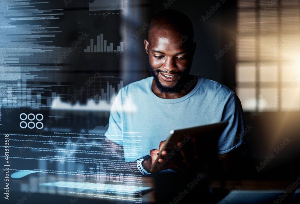 Deciphering new data. Shot of a programmer using a digital tablet while working on a computer code a