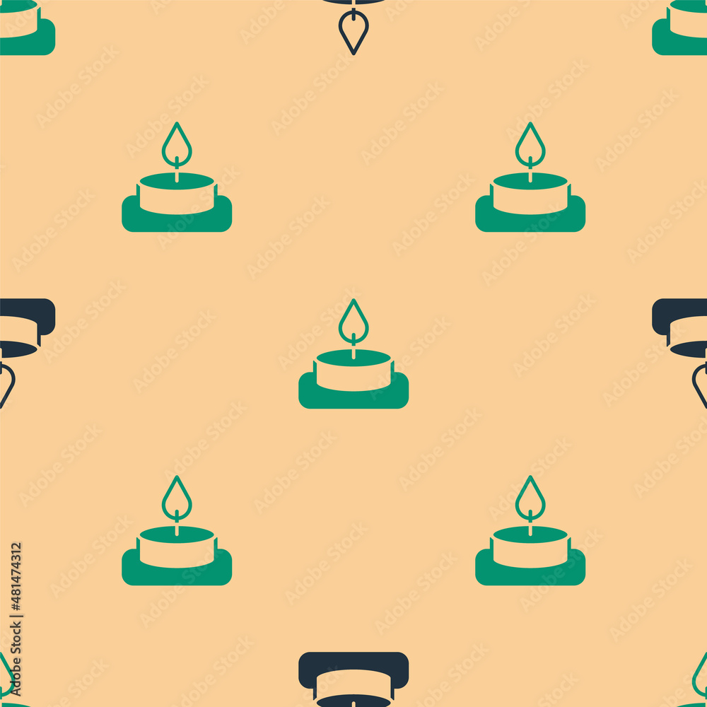 米色背景上的绿色和黑色芳香蜡烛图标隔离无缝图案。矢量