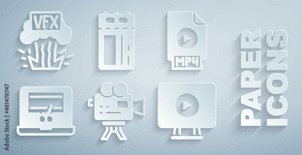 Set Retro cinema camera, MP4 file document, Video recorder on laptop, Online play video, Cinema tick