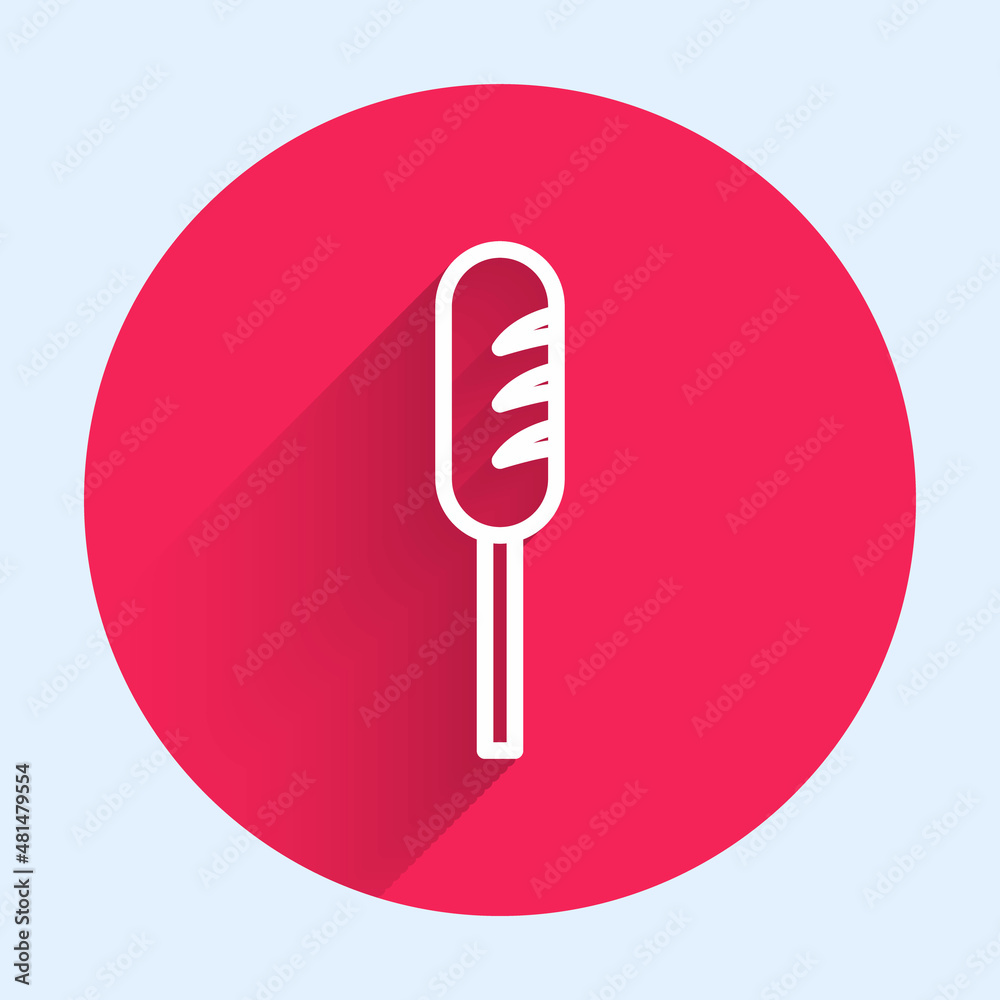 White line Fried sausage icon isolated with long shadow. Grilled sausage and aroma sign. Red circle 