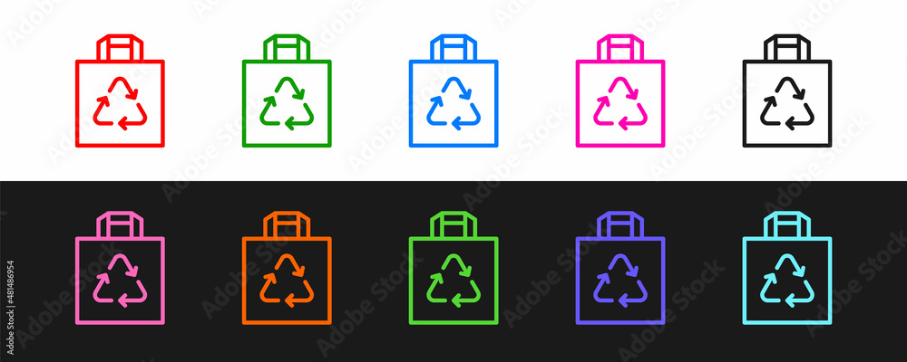 Set line Paper shopping bag with recycle icon isolated on black and white background. Bag with recyc