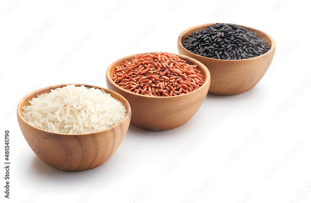 Three types of rice in bowls - basmati rice, red rice and black rice