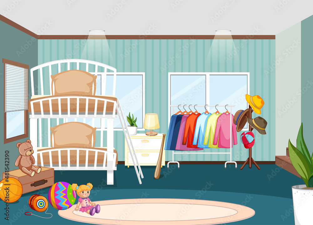 Interior of children bedroom with clothes rack