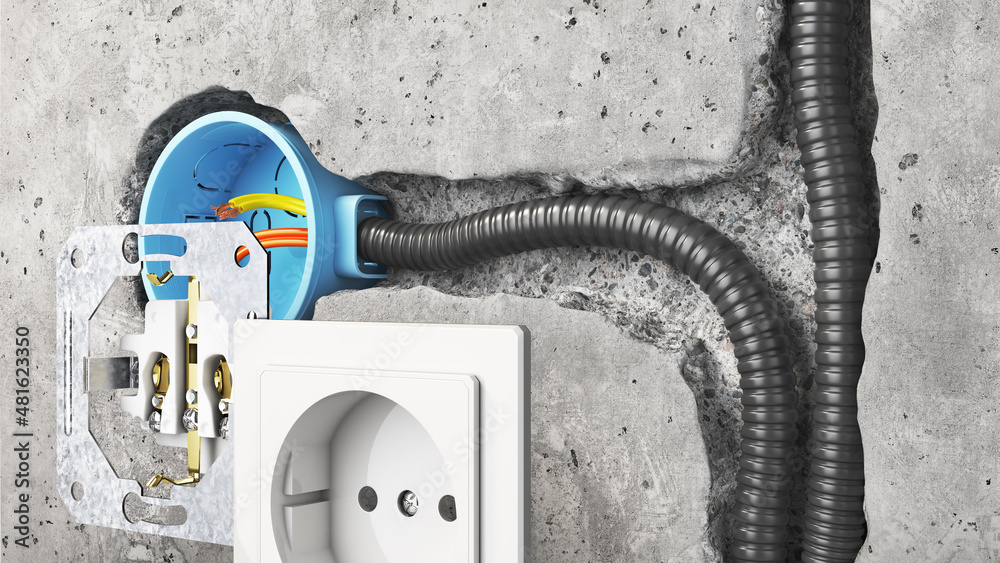 Unfinished electrical mains outlet socket with electrical wires. 3d illustration