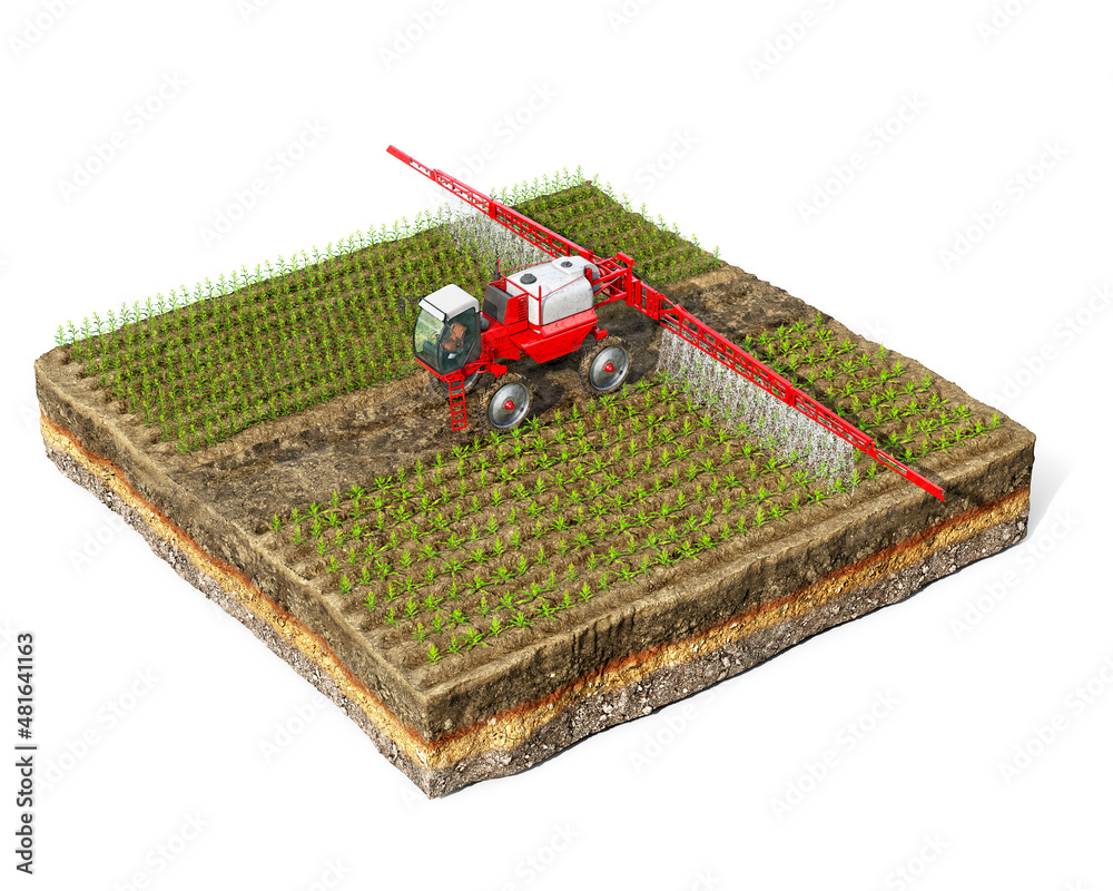 Irrigation machine works in field on a piece of ground, plants irrigation concept,  isolated on whit