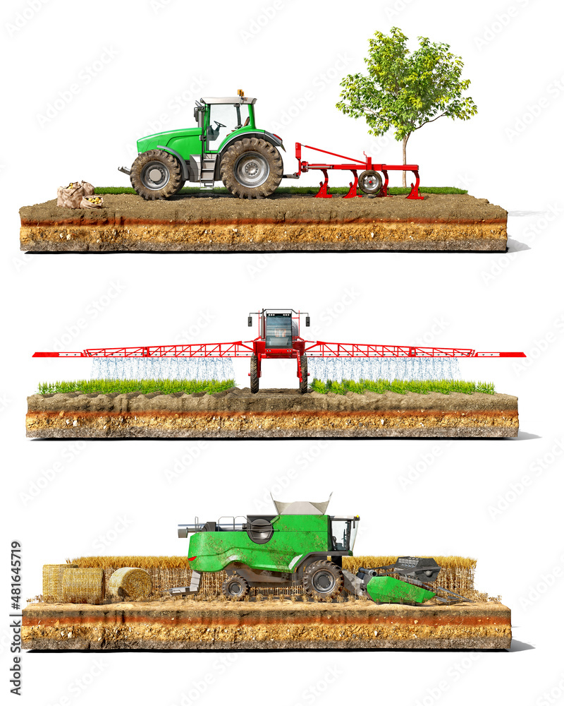 一套不同的农业机械-用于犁耕的拖拉机，用于喷洒的灌溉机，组合式