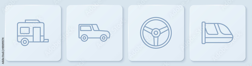Set line Rv Camping trailer, Steering wheel, Car and Train and railway. White square button. Vector