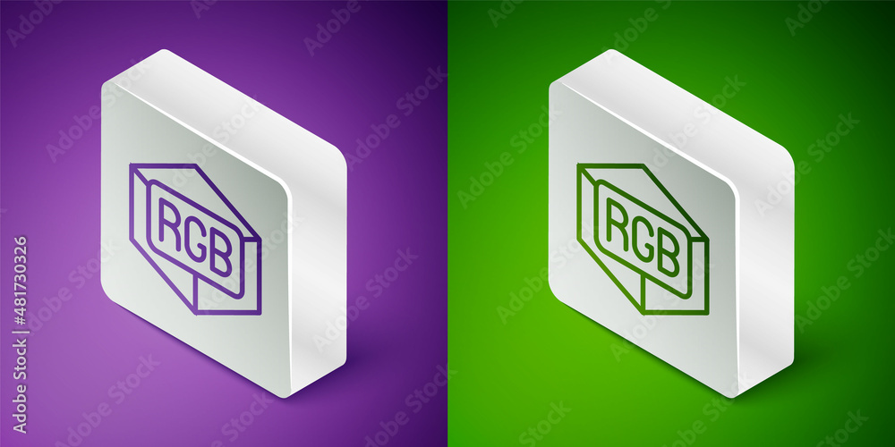 隔离在紫色和绿色背景上的等距线RGB和CMYK颜色混合图标。银色正方形
