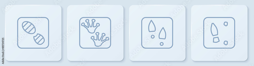 Set line Human footprints shoes, , Frog paw and . White square button. Vector