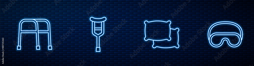 Set line Pillow, Walker, Crutch or crutches and Eye sleep mask. Glowing neon icon on brick wall. Vec