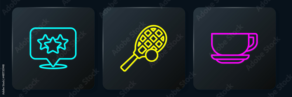 Set line Stars rating, Coffee cup and Tennis racket with ball. Black square button. Vector