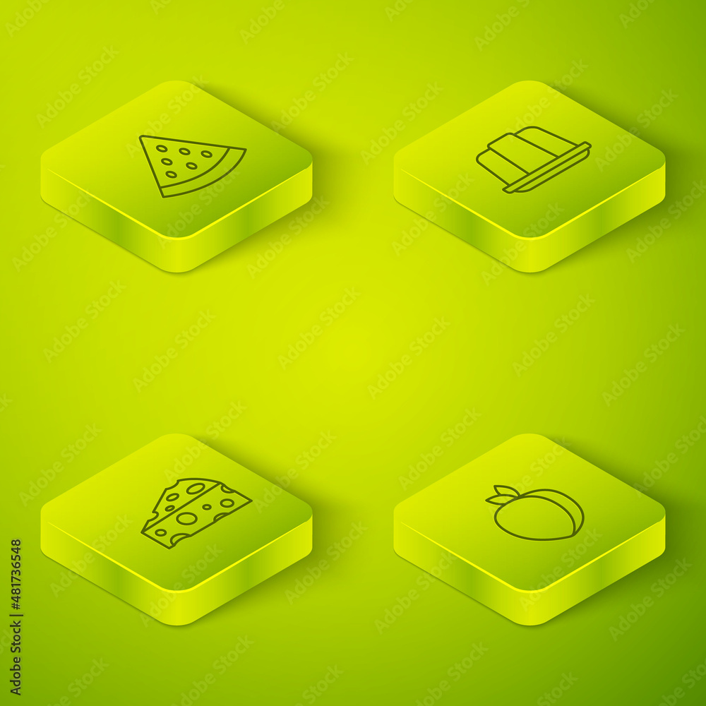 Set Isometric line Jelly cake, Cheese, Plum fruit and Watermelon icon. Vector