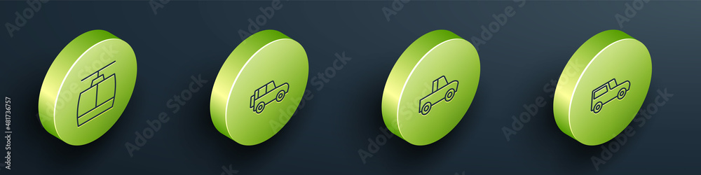 Set Isometric line Cable car, Off road, Pickup truck and Car icon. Vector