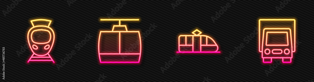 Set line Tram and railway, Cable car and Delivery cargo truck. Glowing neon icon. Vector