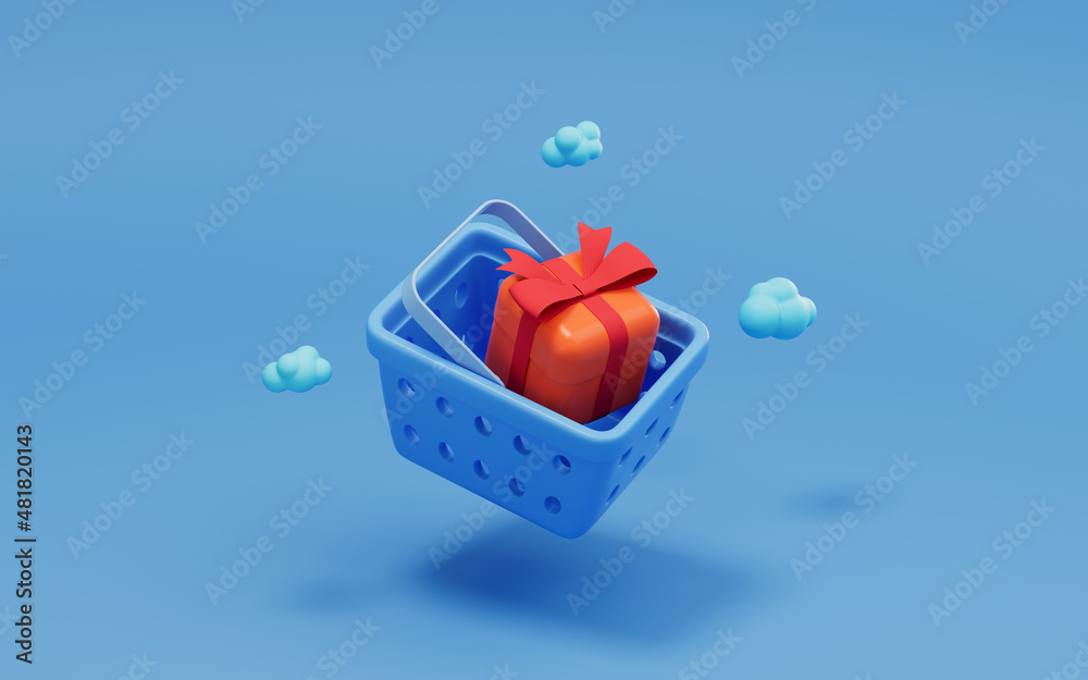 Shopping basket and gifts, 3d rendering.