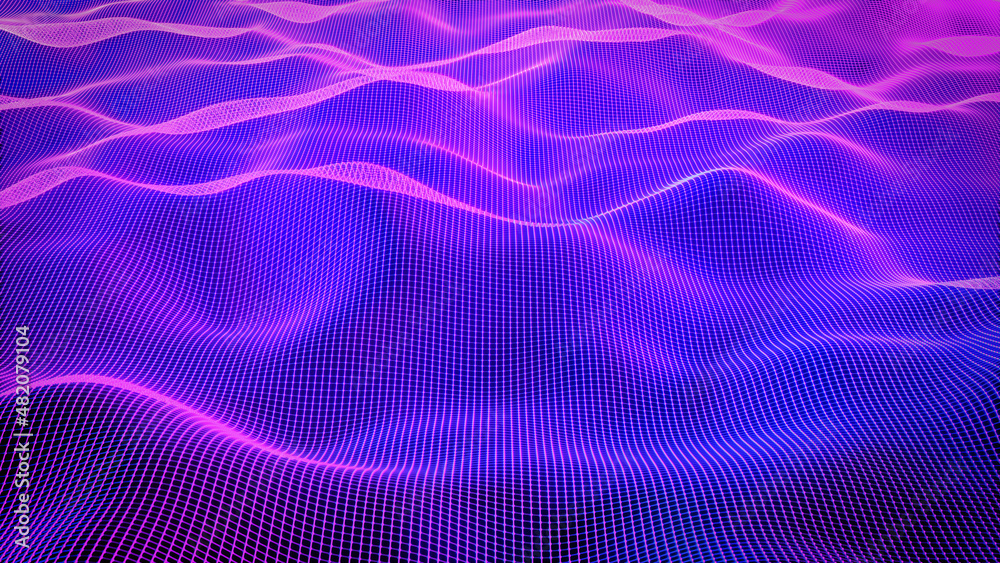 3D波浪景观上连接点的技术背景。数据科学、粒子、数字世界
