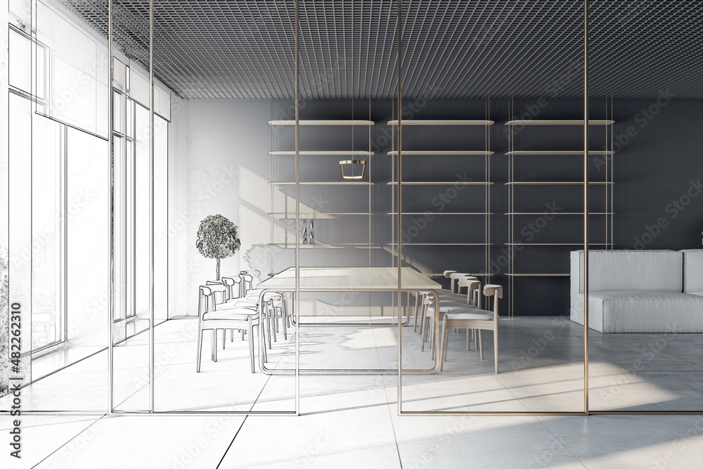 Sketch of modern conference room interior with window and city view, glass partition and daylight. W