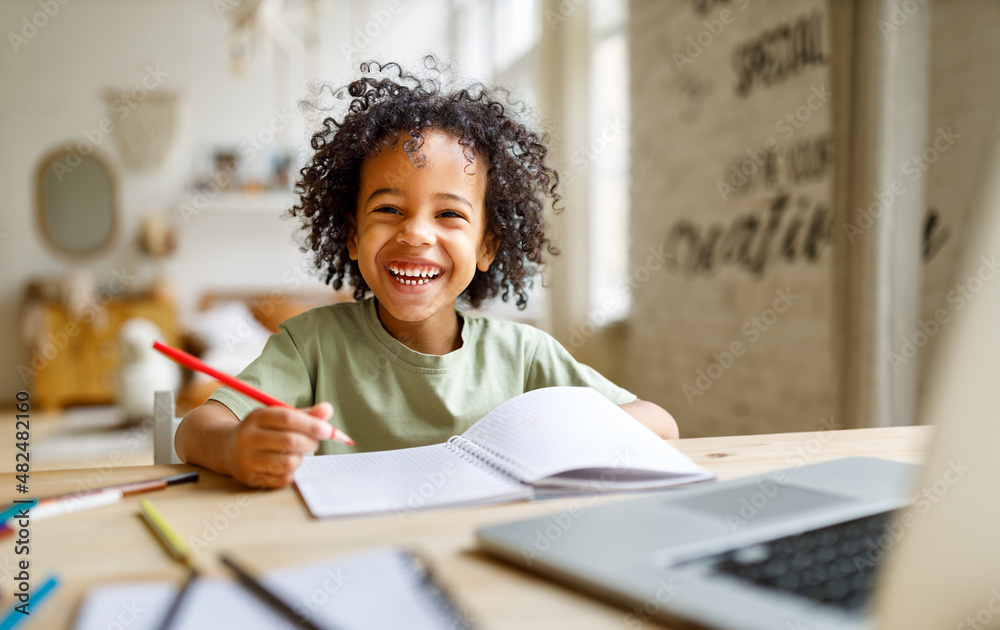 微笑的非裔美国小学生在家用笔记本电脑在线学习