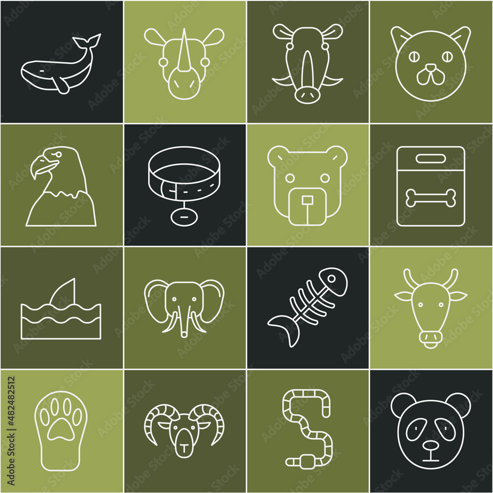 设定线条可爱的熊猫脸、牛头、狗骨、野猪、带名字标签的项圈、鹰、鲸和熊