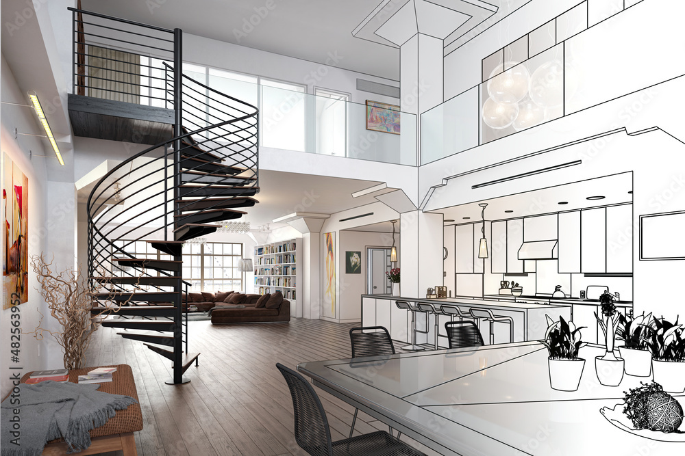 带螺旋楼梯和家具的现代Mansarde公寓（草案）-三维可视化