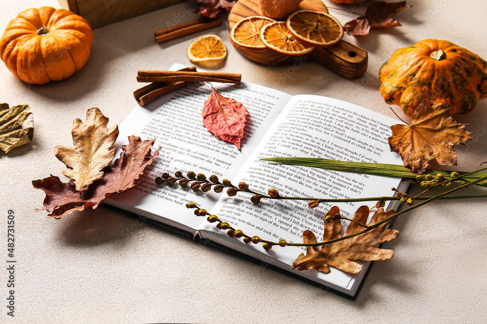 浅色背景下的秋季装饰和书籍