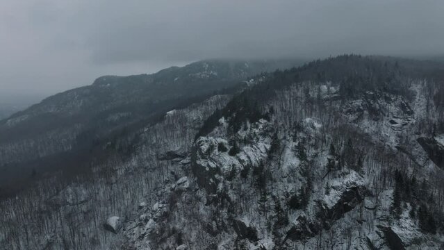 Gloomy Atmosphere On Winter Mountains In Quebec, Canada. Aerial Drone