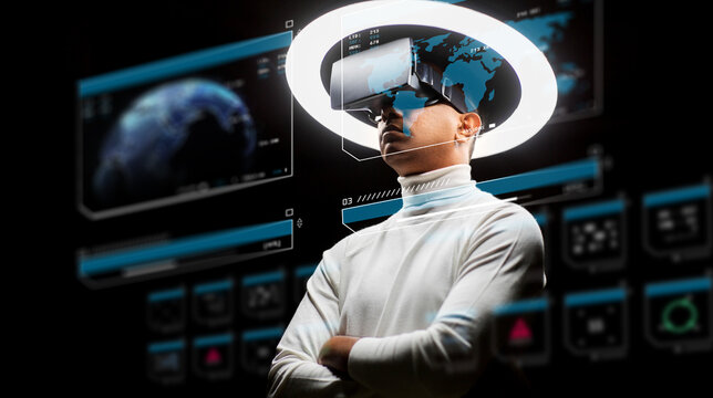 future technology, augmented reality and cyberspace concept - man vr glasses under white illumination with virtual screens projection over black background