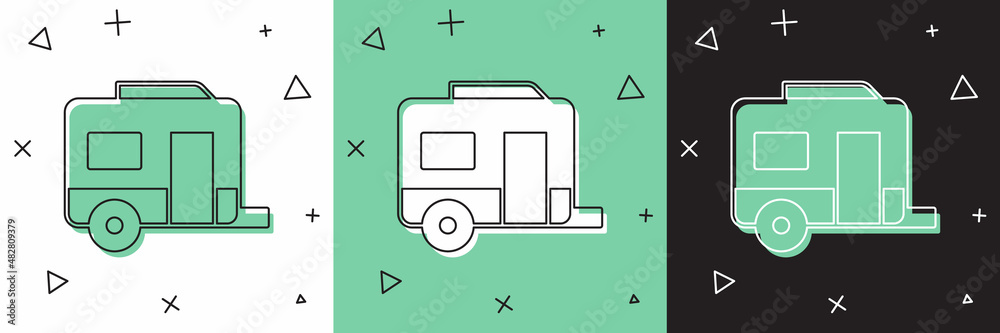 将Rv露营拖车图标隔离在白色和绿色，黑色背景上。旅行移动房屋，carav
