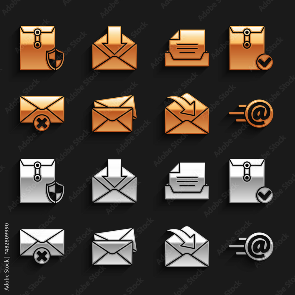 设置信封，并勾选标记，邮件电子邮件，删除信封，带文档、盾牌和图标的抽屉。V