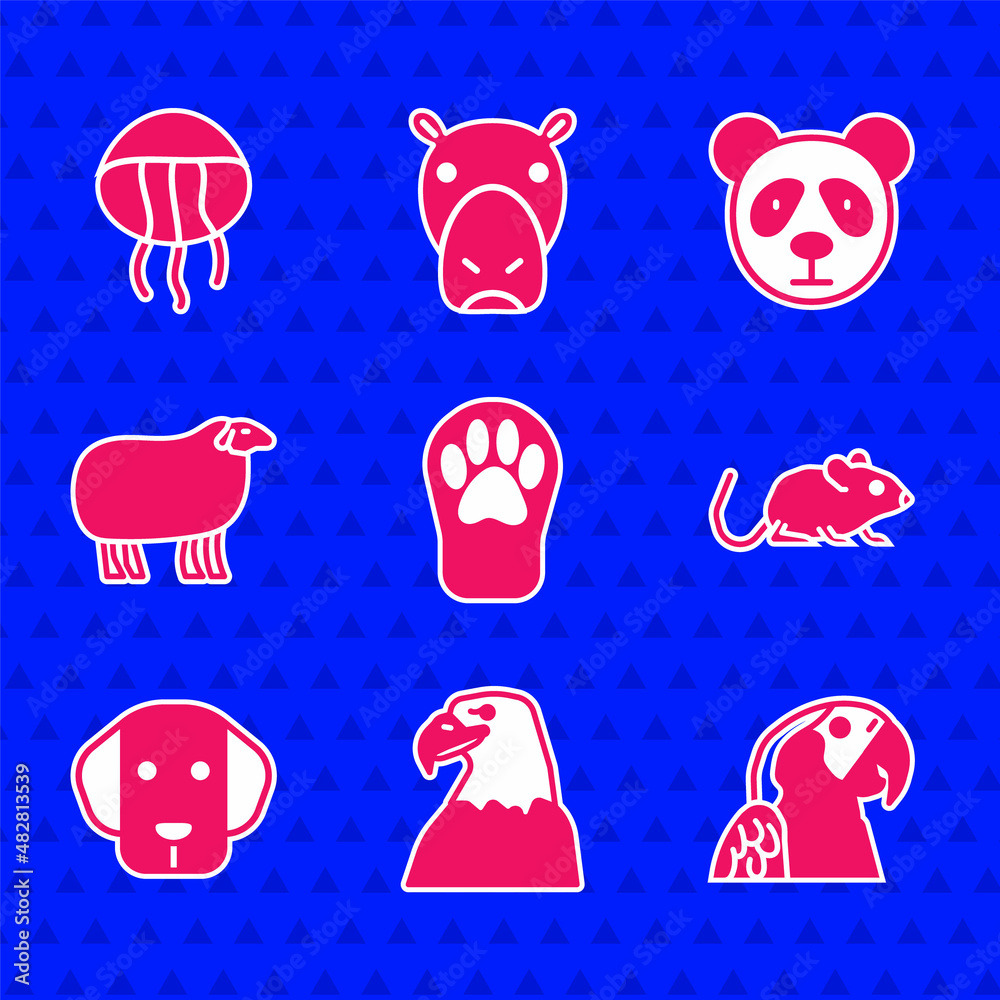 Set Paw print, Eagle head, Macaw parrot, Rat, Dog, Sheep, Cute panda face and Jellyfish icon. Vector