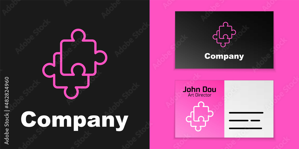 粉红色线条拼图玩具图标隔离在黑色背景上。标志设计模板元素。矢量