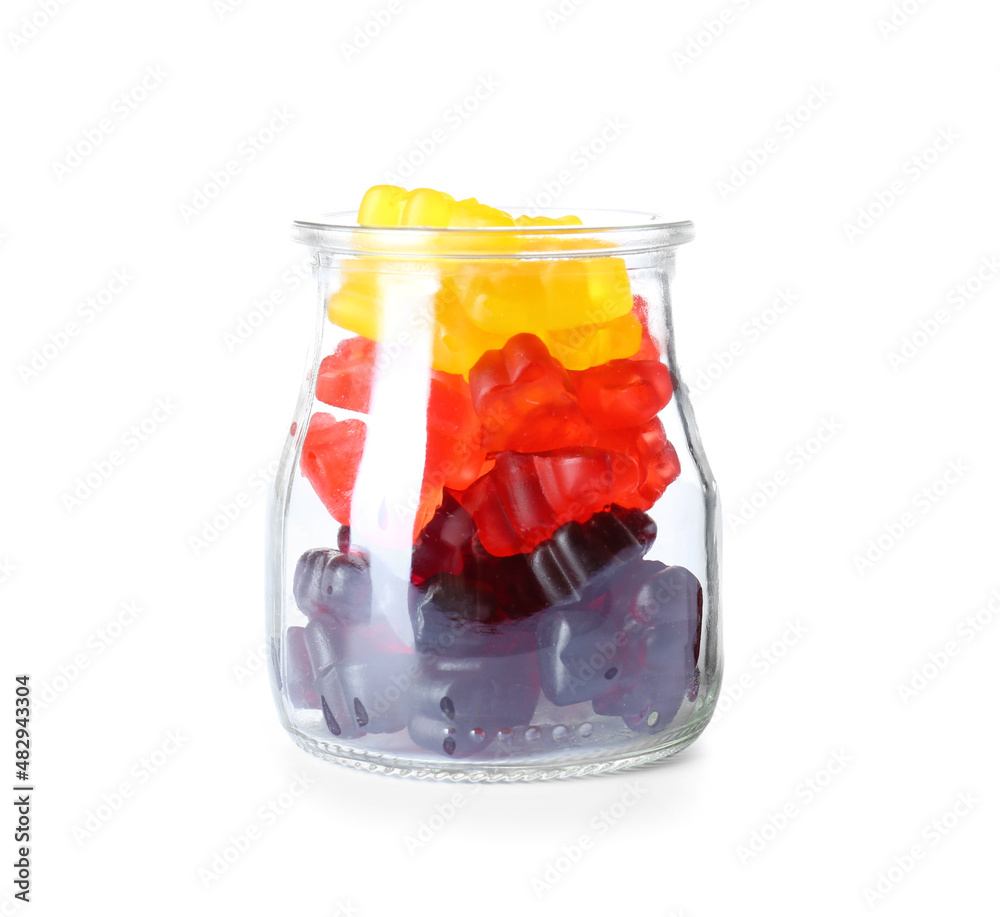 Jar with tasty jelly bears on white background