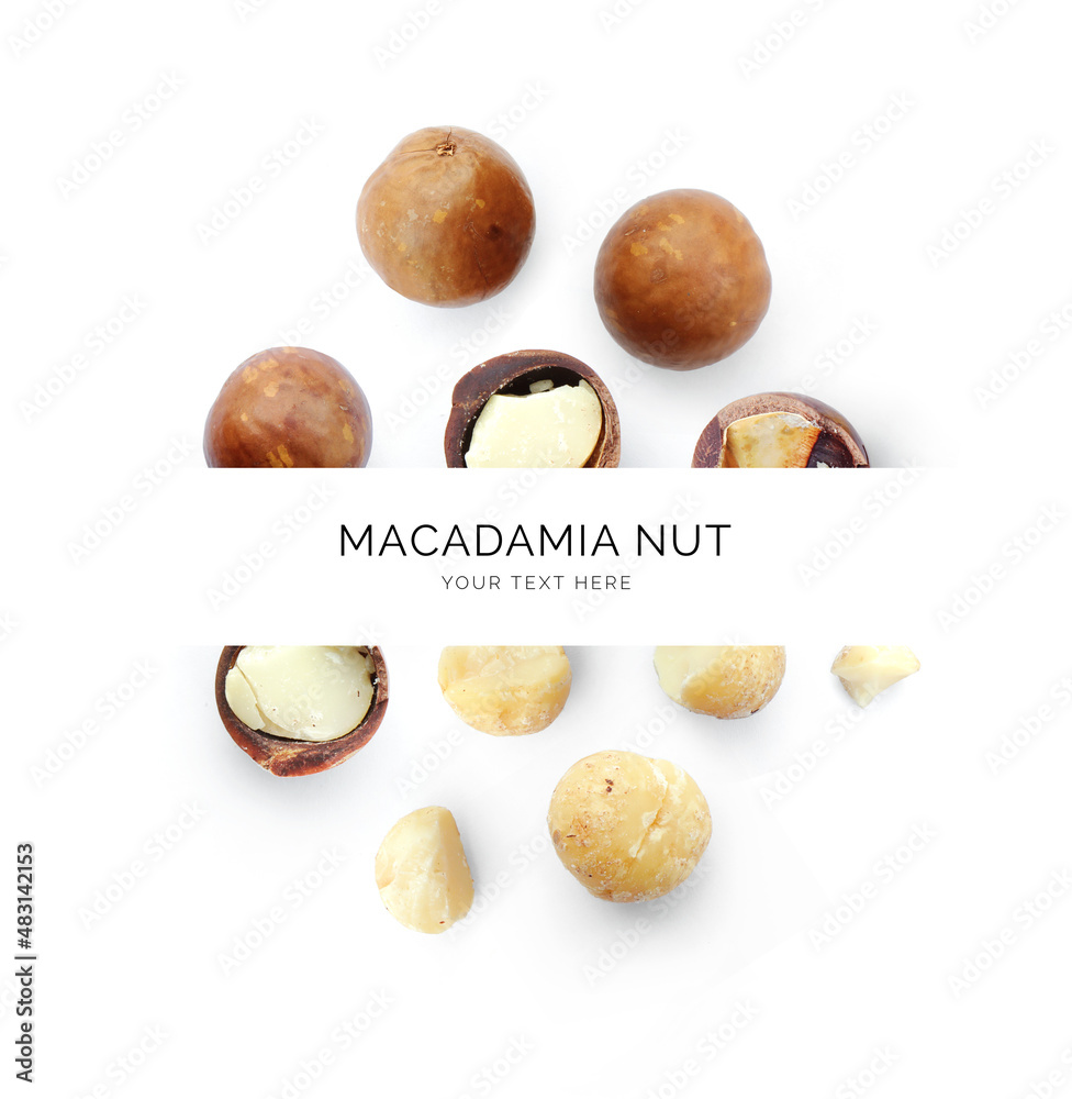 Creative layout made of macadamia nuts on the white background. Flat lay. Food concept.