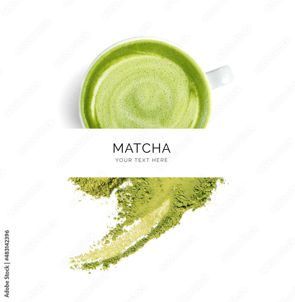 Creative layout made of matcha cup on the white background. Flat lay. Food concept.