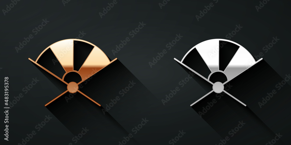 Gold and silver Traditional paper chinese or japanese folding fan icon isolated on black background.