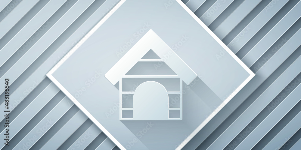 Paper cut Dog house icon isolated on grey background. Dog kennel. Paper art style. Vector