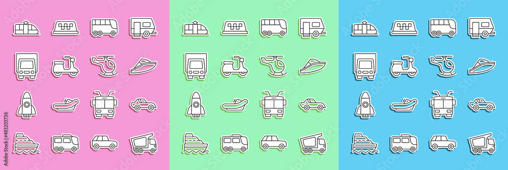 Set line Delivery cargo truck, Car, Speedboat, Bus, Scooter, Tram and railway and Helicopter icon. V