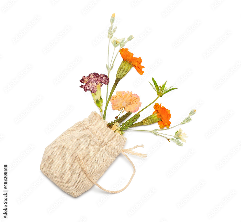 Bag with dried pressed flowers on white background