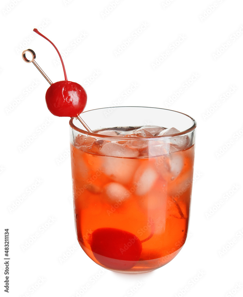 Glass of tasty Manhattan cocktail with cherry and ice on white background
