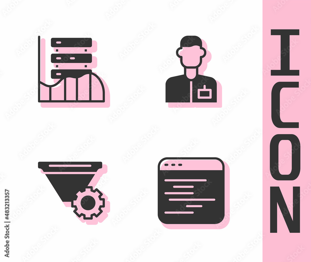Set Software, Server, Data, Web Hosting, Filter setting and Analyst engineer icon. Vector