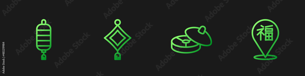 Set line Chinese tea ceremony, paper lantern, and New Year. Gradient color icons. Vector