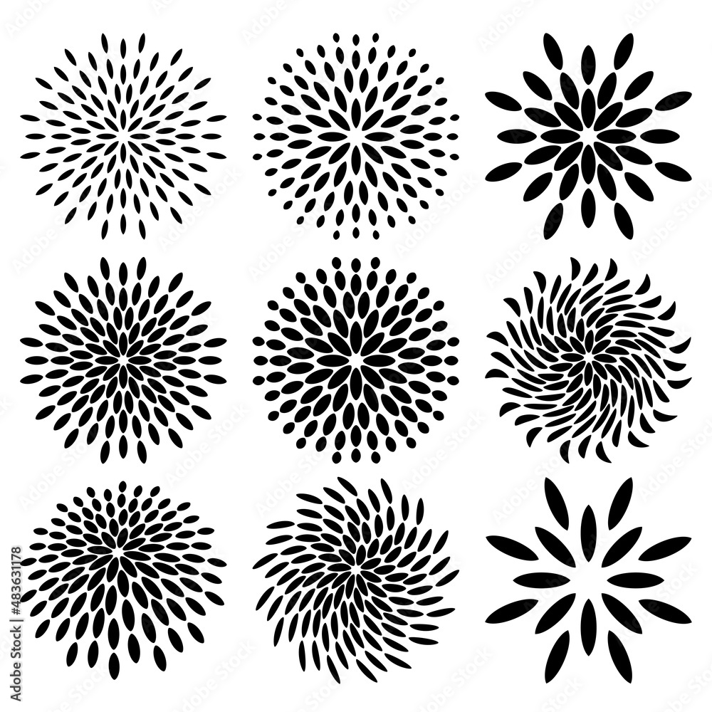 一组几何抽象花朵，剪影。矢量插图。