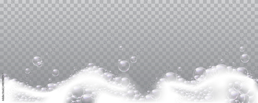 Foamy and soapy water with bubbles, cosmetic products or detergents, laundry or washing gel. Vector 