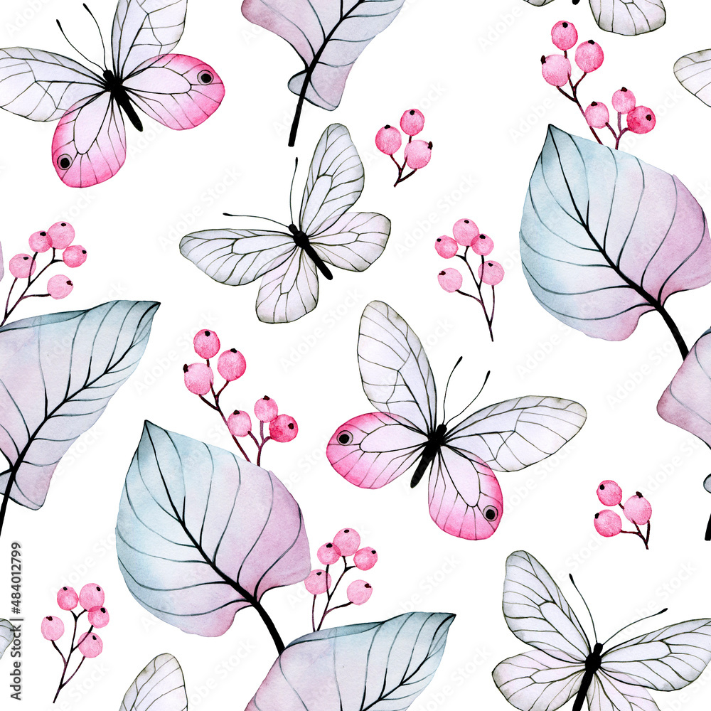 watercolor seamless pattern with transparent flowers and butterflies. pink and blue tropical leaves,