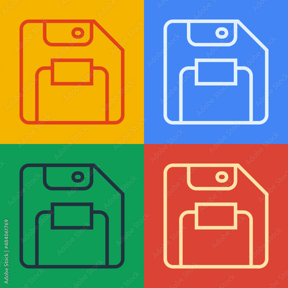 Pop art line Floppy disk for computer data storage icon isolated on color background. Diskette sign.