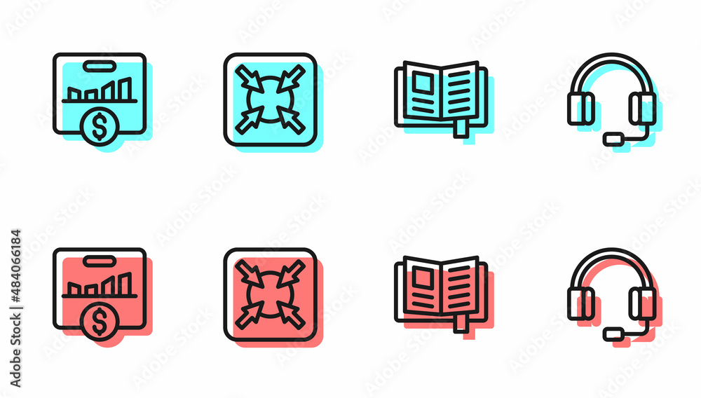 Set line Reading book, Key performance indicator, Target and Headphones icon. Vector