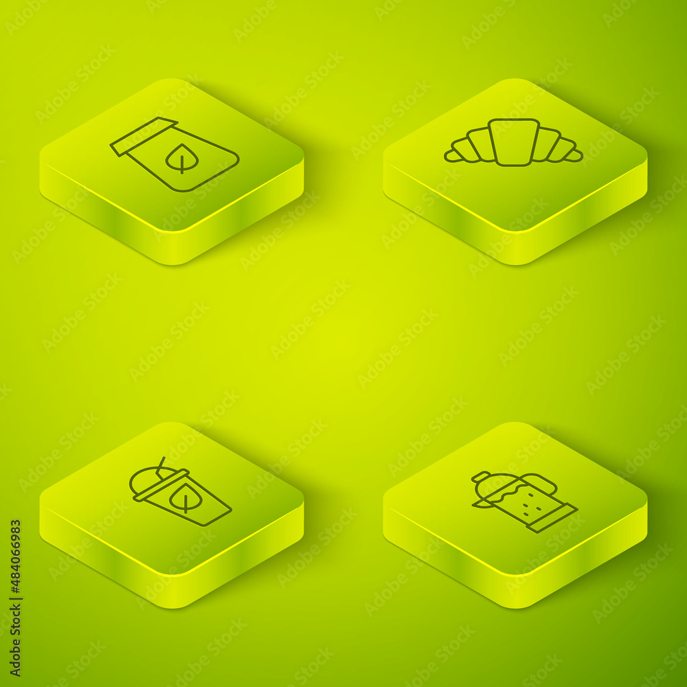 Set Isometric line Croissant, Cup of tea with leaf, French press and Tea packaging icon. Vector