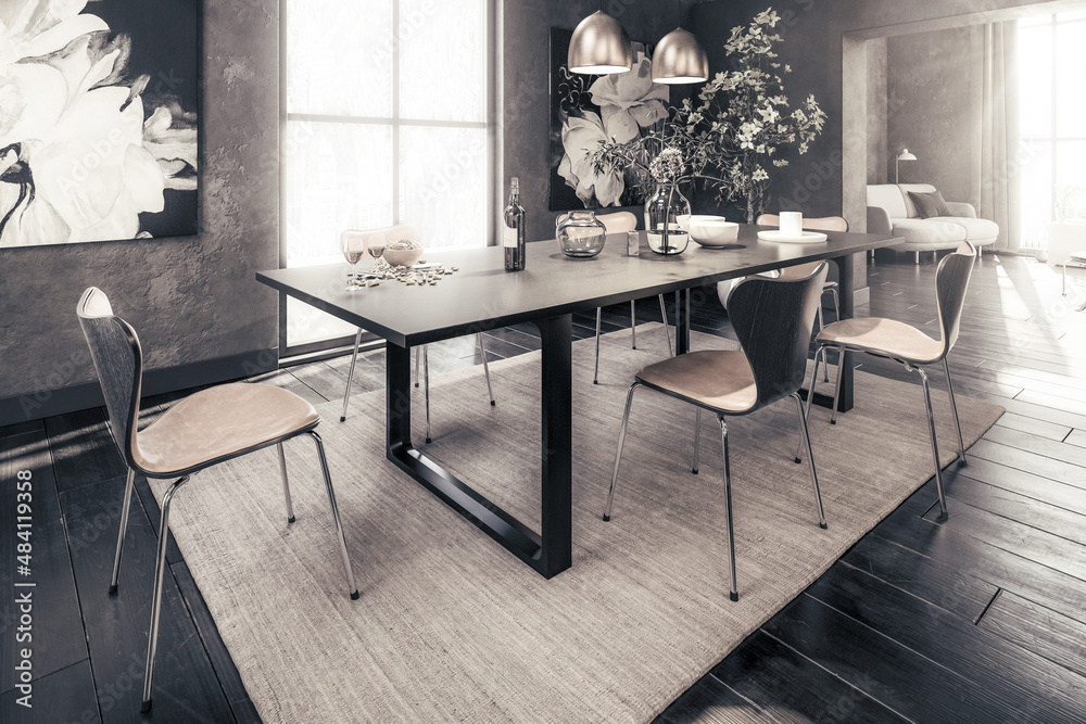 阁楼公寓内的桌子组-黑白3D可视化
