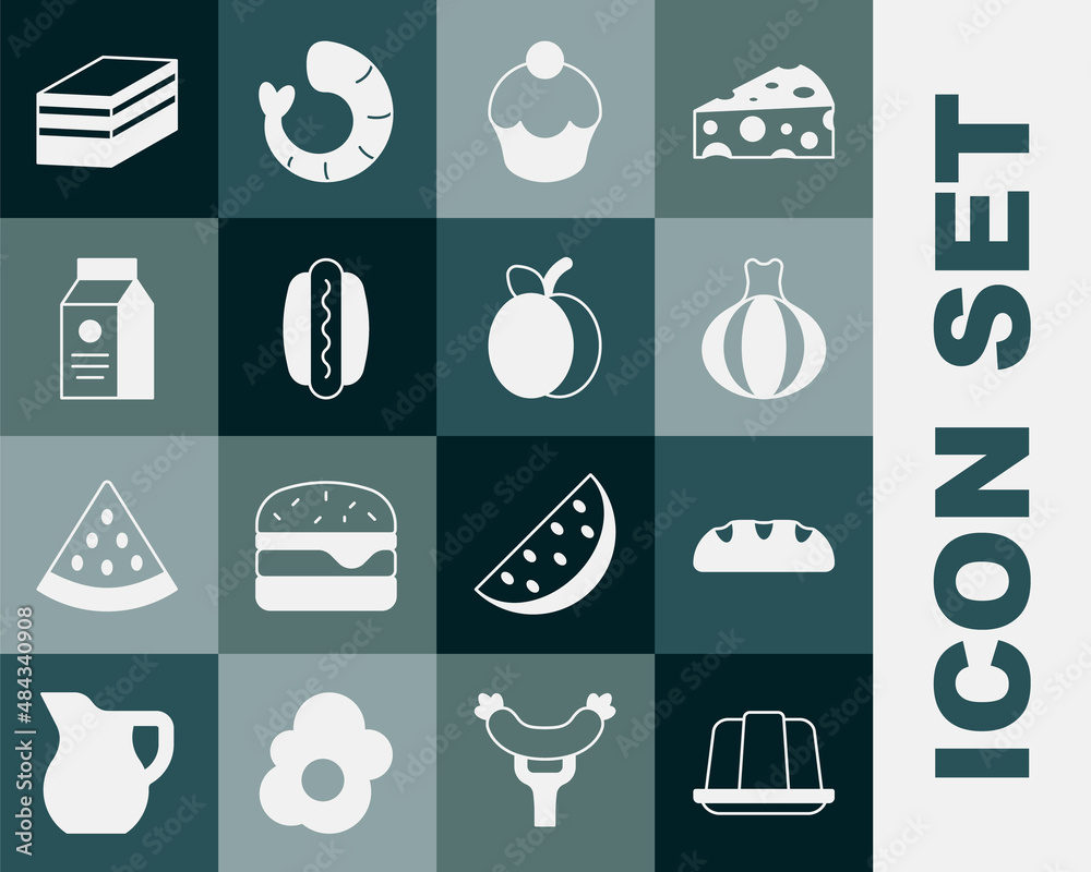 套装果冻蛋糕、面包条、洋葱、松饼、热狗、牛奶纸包装、一块和李子水果ic
