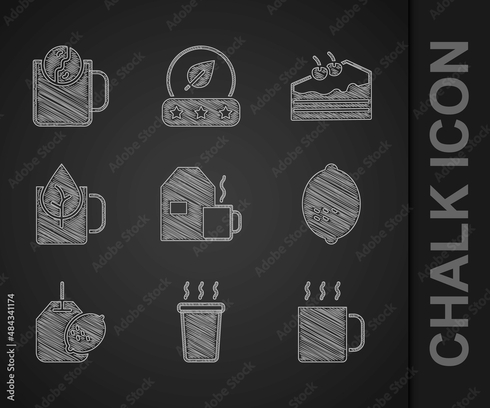 Set Cup of tea with milk, Lemon, Tea bag lemon, leaf, Piece cake and time icon. Vector